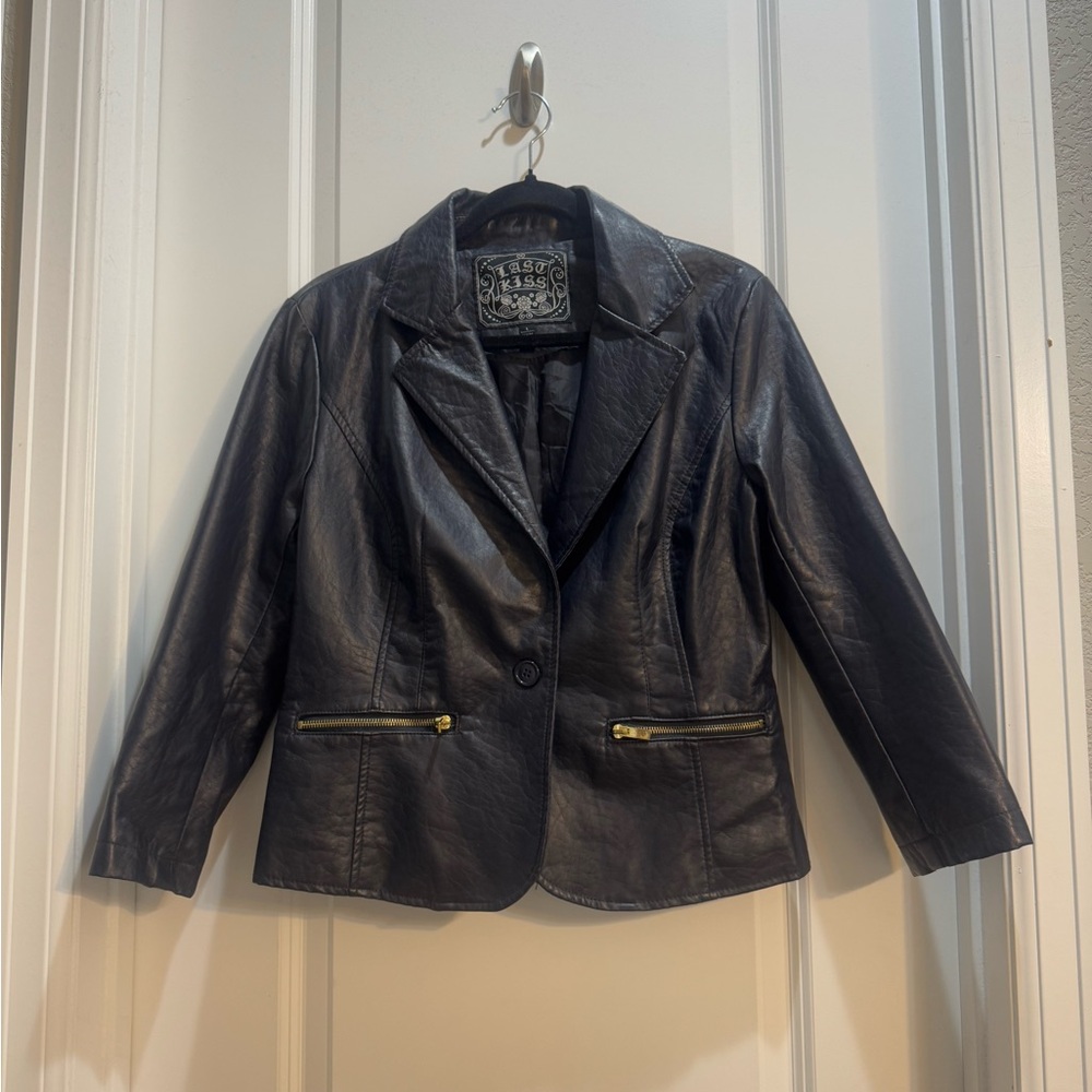 Last Kiss Black Faux Leather Jacket Large Armpit To Armpit 20” Length 24”